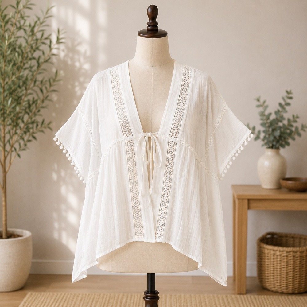 NWT Vince Camuto Swim Cover Up Women One‎ Size White Lace Pom Pom Gauze Kimono